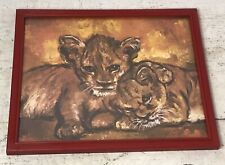 Vintage Retro Mid Century Lion Cubs Litho Print Picture Plastic Red Frame Decor picture