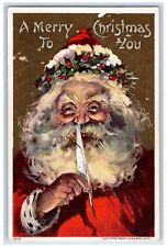 c1910's Christmas Santa Claus Feather Holly Berries Embossed Antique Postcard picture