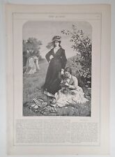 1874 Victorian Art Engraving, Three Women Picking Flowers on A Grassy Hillside picture