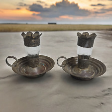 Antique Judaica Shabbat Brass and Glass Candle Holders from Israel Collectible picture