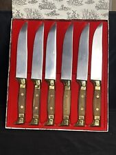 VTG Neiman-Marcus Brass and Wood Serrated Steak Knives Set of 6 Stainless Steel picture