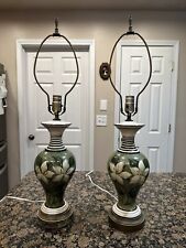 Vtg Pair Set Ceramic Hand Painted Green Magnolia Lamp Artist Signed Brass Lamps picture