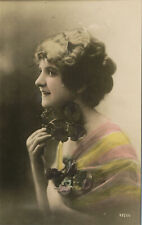 Real Photo -- WOMAN POSING W/FLOWERS    hand-colored - postcard picture