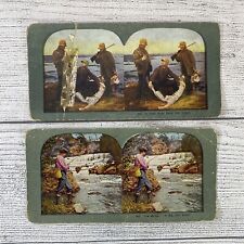 Antique Stereograph Viewer Cards Pair of Color Photographs Hunting & Fishing picture