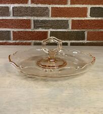 Vintage Engraved Pink Depression Glass Round Tidbit Plate w/Handle picture