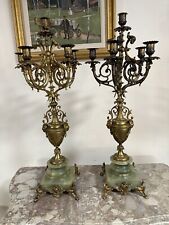 Pair Of Antique French Gilt Cherub Heads Figural  Bronze Green Onyx Candelabras picture