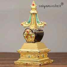 Tibetan Stupa Tantric Engraved Pearl Inlaid Gem Buddhist Statue Brown Alloy  picture
