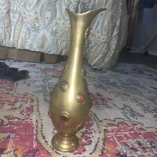 Vintage Brass 10 Inch Vase With Colored Inset Stones Boho Brass Vase Form India picture