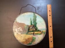 Antique Chimney Flue Cover, Colorful Glass Scene Farmer Wife Home Wheat Field picture