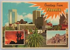 Phoenix Arizona~City Buildings~Saguaro Cactus @ Sunset~Continental Postcard picture