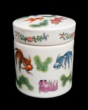 Round Chinese Covered Ceramic Opium / Tea Jar w Koi, Ching Reproduction, 6” tall picture