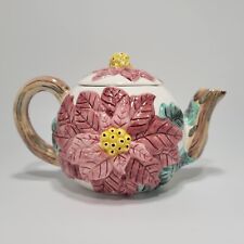 Wang's International Vintage 1975 Ceramic Pink/Green Floral Poinsettia Teapot picture