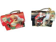 Lot Of 2 Miniature Coca-Cola Santa Claus Lunch Box Tin Ornament Christmas Coke picture