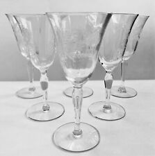 Vintage Stemware Etched Roses Crystal Wine Glasses Goblets Set of 6 Elegant MCM picture