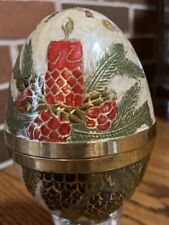 Vintage Enameled Solid Brass Egg Trinket Holiday Themed Candle And Cones picture