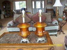 Novelty Crystal Corporation Rare Honey Amber Vtg Large Matching Table Lamps 1975 picture