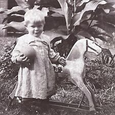 Antique Photo Board Mounted Little Boy with Ball and Toy Pull Horse Outside picture
