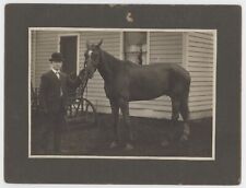 Antique c1900s Mounted Photo Dapper Man in Hat With Beautiful Horse by House picture