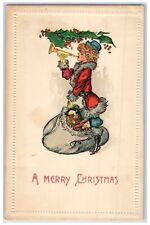 c1910's Merry Christmas Woman Santa Trumpet Sack Of Toys Embossed Postcard picture