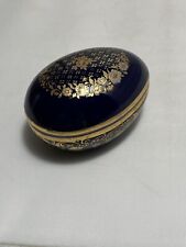 Limoges Castel France Castle Cobalt Blue Egg Shaped Trinket Box Gold Pattern picture
