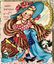 Vintage Birthday Girl Dress Up Fur Stole Purse Dog Greeting Card 1940s 1950s picture