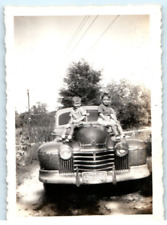 Vintage Photo 1930s, 2 Young Boys posed on Hood Antique Car, 3.5 x 2.5 picture
