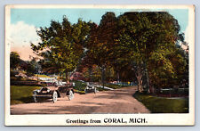 Vintage Postcard Greetings from Coral MI Michigan Old Automobiles Q16 picture