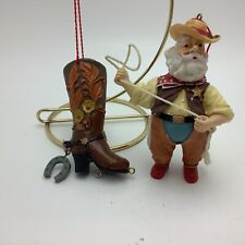 Vintage Western Roping Santa Clause Christmas Holiday Ornament & Cowboy Boot picture