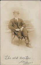 Man Real Photo Postcard RPPC Chair Studio Straw Boater Suit 1920s Unposted picture