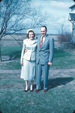 1950s Husband Wife Portrait Dressed Up Vintage 35mm Kodachrome Red Border Slide picture