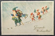 Postcard Vintage Christmas Blue Robe Santa Elf Skiing Ski Toys picture