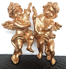Set of 2 Gold Blow Mold Cherubs Angel 10.5” tall w/ Musical Instruments Glitter picture