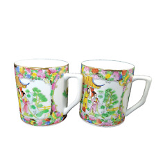 Enamel Chinese Hand Painted Tea Coffee Mug Set Of 2 picture