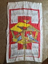 ✅1975 Vintage Linen Calendar Towel Bright Red w Birdhouse Feeder & Birds picture