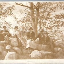 c1910s Happy Group People Nature RPPC Teeth Smile Real Photo Man Bowler Hat A214 picture