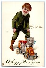 c1910's Happy New Year Boy My Motorist Dog Tuck's Unposted Antique Postcard picture