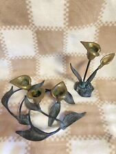 Vintage Brass Flowers Calla Lilly Table Top 3 Tapered Candle Holder and Single. picture