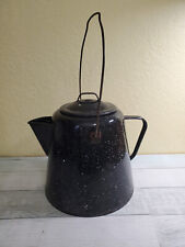 Vintage Blue White Speckled Coffee Kettle Pot w/ Ring Handle Large 9” x 8” H picture