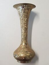 Vintage India Solid Brass Vase Etched Floral 8