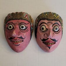 Vintage Pair Of 2 Javanese Wood Dance Masks Hand Carved Painted Indonesian Pink picture