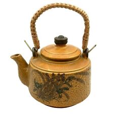 Vintage Rustic Japanese Ceramic Pottery Teapot Hand Painted Bamboo Rattan Handle picture