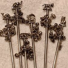 Set Of 6 Vintage Drink Swizzle Sticks Silver Plate Animals With Bells picture
