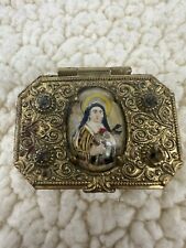 Antique Gold Tone Rosery Box With Reverse Painted Glass Of Mother Mary picture