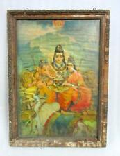 Original Old Vintage Rare Hindu God Shiv With Family And Nandi Cow Litho Print picture