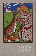 Vintage 1907 German HAPPY EASTER Greetings Postcard Girl with Rabbit on Wagon picture