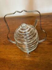 Vintage MCM Farmhouse Style Glass Honey Pot With Caddy and Serving Spoon picture