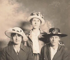 VINTAGE RPPC REAL PHOTO POSTCARD TRIO OF WOMEN IN INTERESTING HATS 102223 S picture