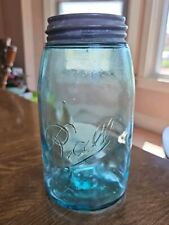 Antique Ball Mason Quart Jar # 5-7 Zinc Lid Aqua Blue picture