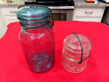 2 Antique Vintage Blue Glass & Clear Canning Jar Glass Lid & Bale Wire Marked picture