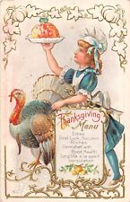 1912 Thanksgiving PC of Little Girl Chef Carrying Platter & Menu by Big Turkey picture